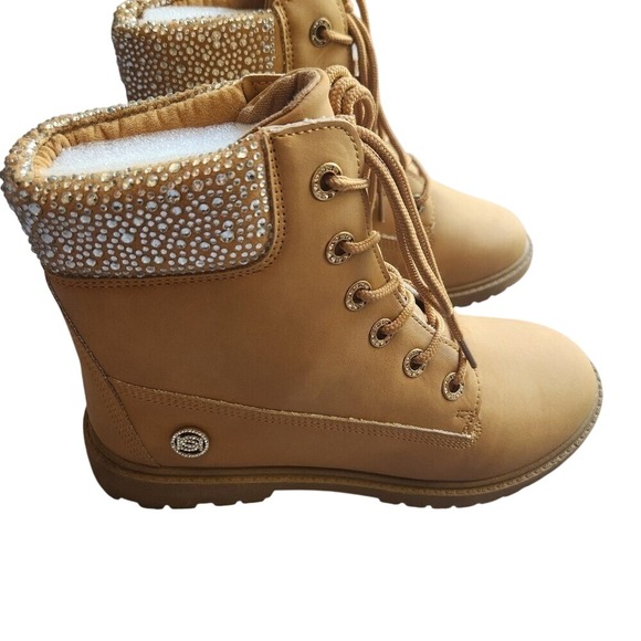 bebe Shoes - Bebe Tan Combat Boots Rhinestone Embellished Lace Up Ankle Boots Size 8.5